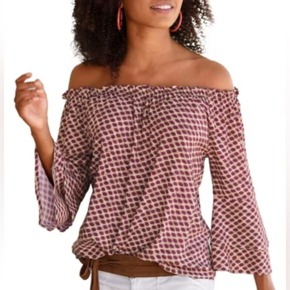 Lascana for Venus on or off shoulder ivory and wine berry print top size large - Picture 1 of 9